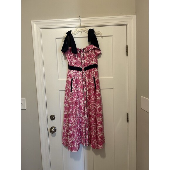 New Entro Midi Sun Dress Women's Medium Smock Pink Floral Tie Shoulder Feminine - Picture 3 of 9